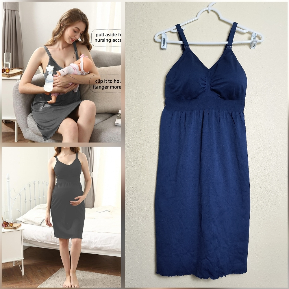 Elegant Navy Blue Nursing Nightgown Build-In Bra Large
